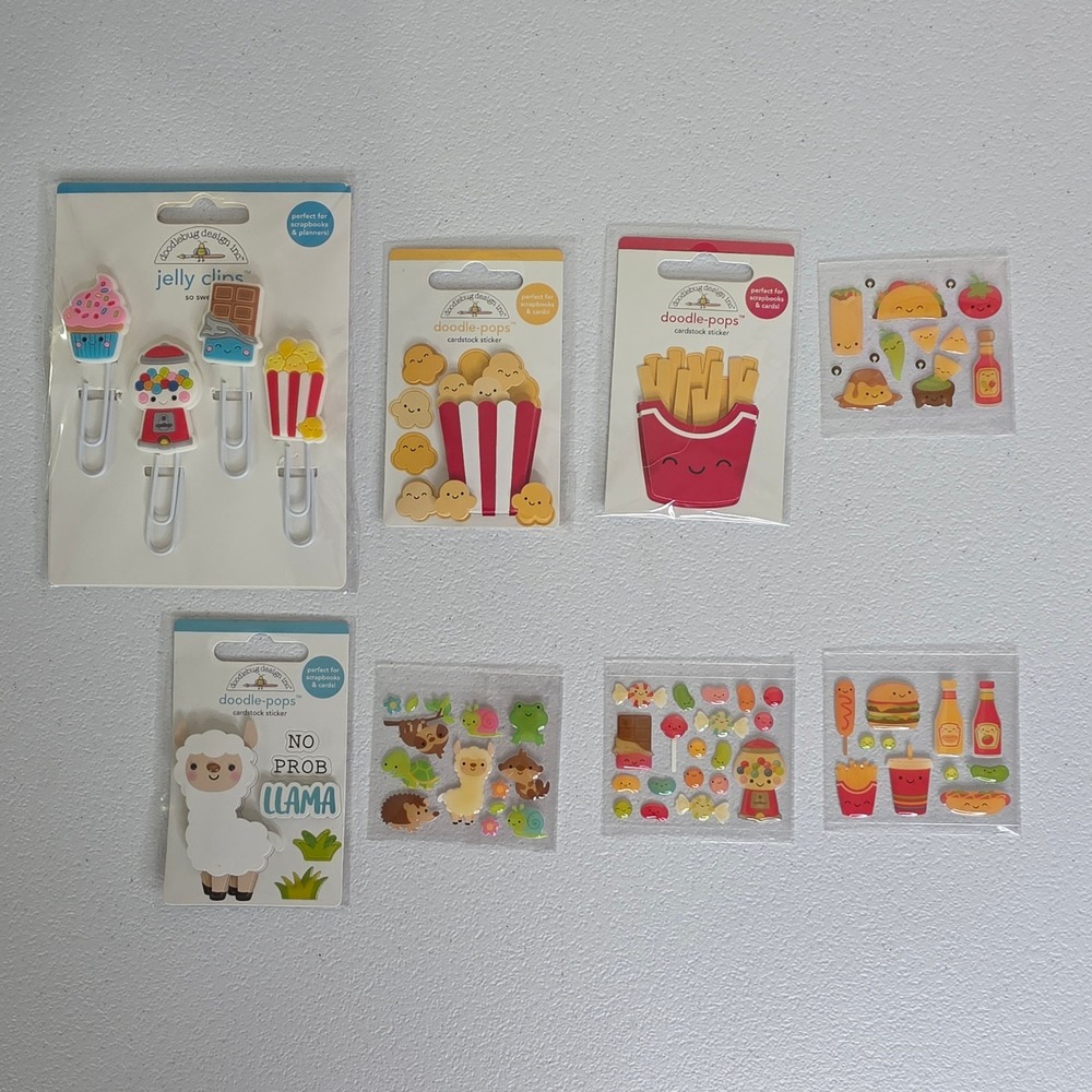 NWT Doodlebug Design Sticker and Jelly Clip Lot Food Llama 8pc